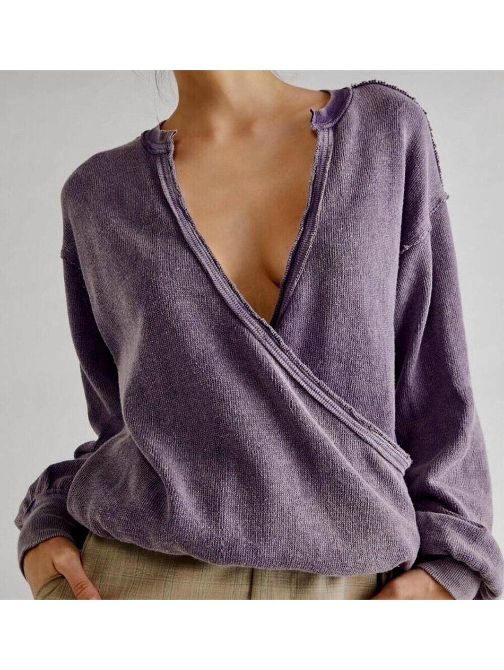 Free People Anyway Tee Sweatshirt Deep Purple Distressed,Bohemian Woman’s Medium